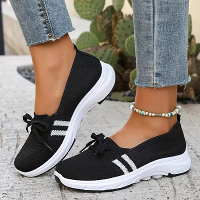 🔥Summer Best Seller🔥Women’s Breathable Knit Slip-On Sneakers with Bow – Lightweight Low-Top Casual Shoes in Beige u0026 White for Everyday Comfort
