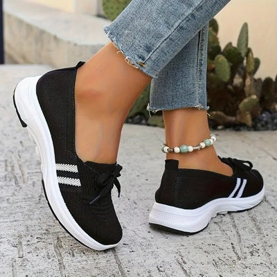 🔥Summer Best Seller🔥Women’s Breathable Knit Slip-On Sneakers with Bow – Lightweight Low-Top Casual Shoes in Beige u0026 White for Everyday Comfort