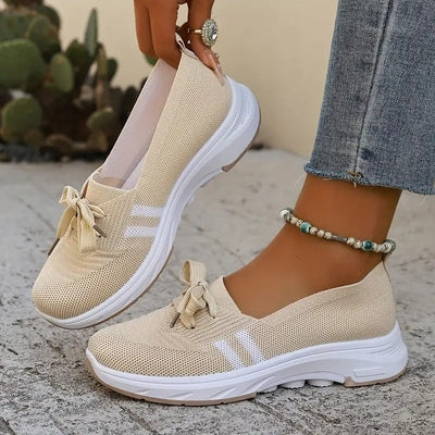 🔥Summer Best Seller🔥Women’s Breathable Knit Slip-On Sneakers with Bow – Lightweight Low-Top Casual Shoes in Beige u0026 White for Everyday Comfort