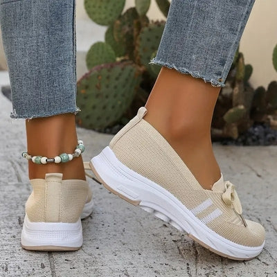 🔥Summer Best Seller🔥Women’s Breathable Knit Slip-On Sneakers with Bow – Lightweight Low-Top Casual Shoes in Beige u0026 White for Everyday Comfort