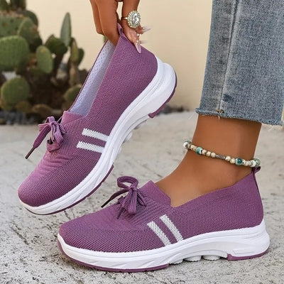 🔥Summer Best Seller🔥Women’s Breathable Knit Slip-On Sneakers with Bow – Lightweight Low-Top Casual Shoes in Beige u0026 White for Everyday Comfort