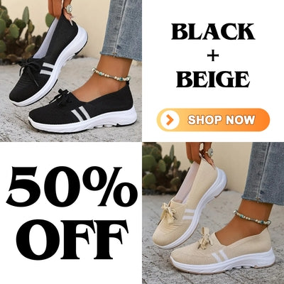 🔥Summer Best Seller🔥Women’s Breathable Knit Slip-On Sneakers with Bow – Lightweight Low-Top Casual Shoes in Beige u0026 White for Everyday Comfort