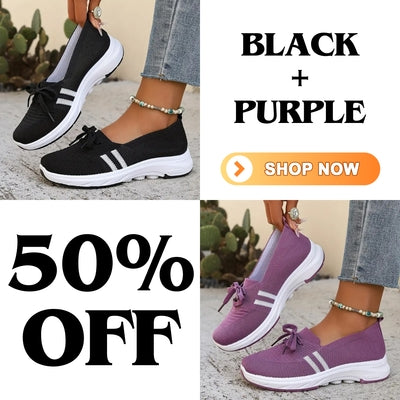 🔥Summer Best Seller🔥Women’s Breathable Knit Slip-On Sneakers with Bow – Lightweight Low-Top Casual Shoes in Beige u0026 White for Everyday Comfort