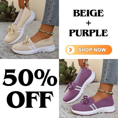 🔥Summer Best Seller🔥Women’s Breathable Knit Slip-On Sneakers with Bow – Lightweight Low-Top Casual Shoes in Beige u0026 White for Everyday Comfort