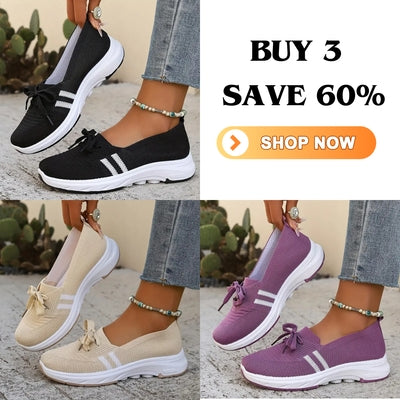 🔥Summer Best Seller🔥Women’s Breathable Knit Slip-On Sneakers with Bow – Lightweight Low-Top Casual Shoes in Beige u0026 White for Everyday Comfort